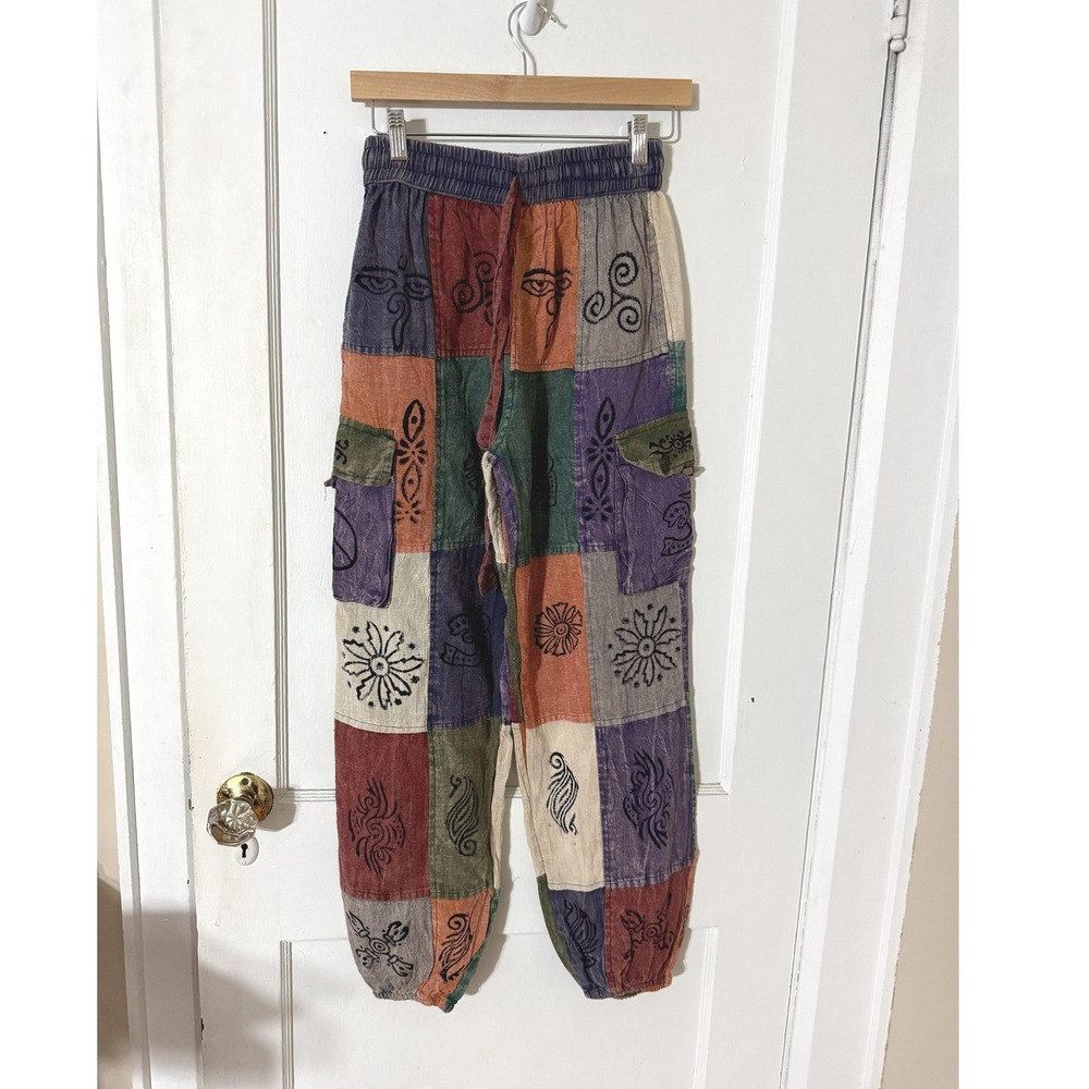 Nepal Cotton Patchwork Cargo  Pants Boho Hippie Symbols Multi S